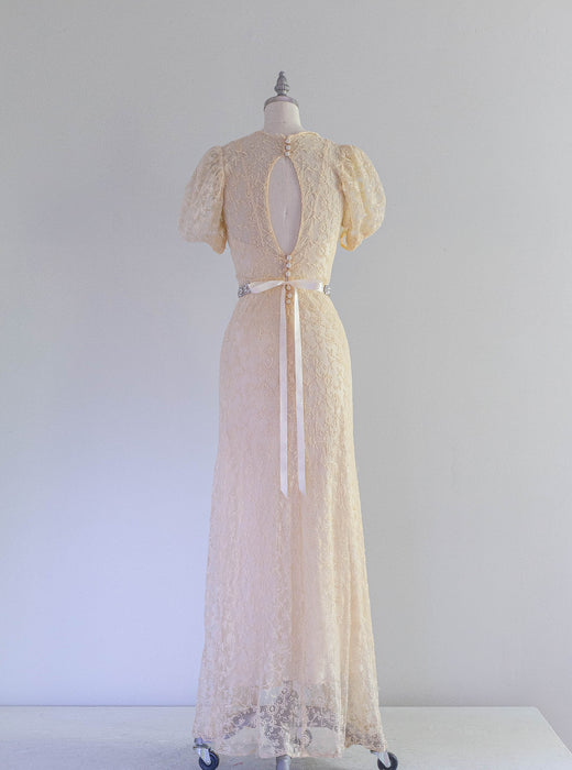 Exquisite 1930's Embroidered Net Wedding Gown With Slip and Belt / Small