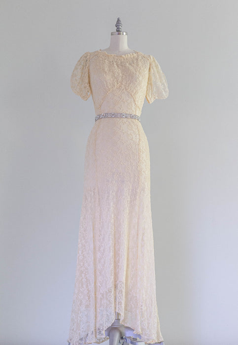 Exquisite 1930's Embroidered Net Wedding Gown With Slip and Belt / Small