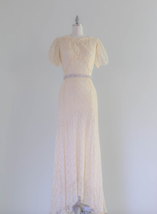 Exquisite 1930's Embroidered Net Wedding Gown With Slip and Belt / Small