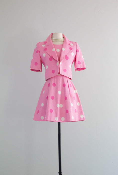 Vintage 1980's GIVENCHY Couture Pink Polka Dot Dress Set / Small