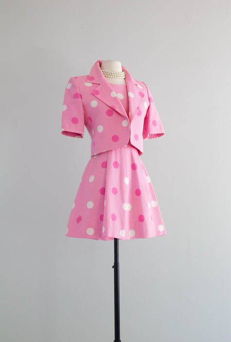 Vintage 1980's GIVENCHY Couture Pink Polka Dot Dress Set / Small