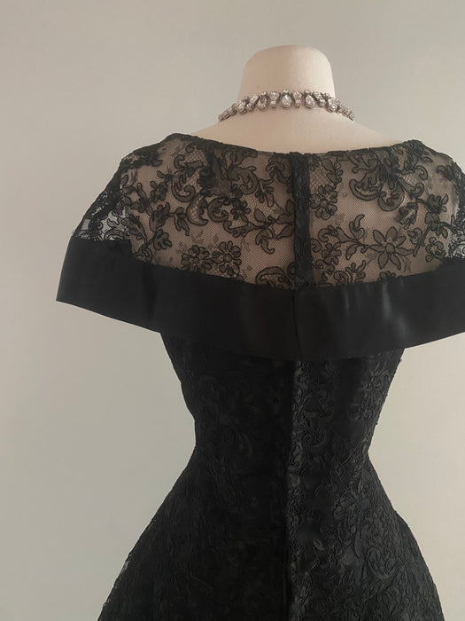 Dramatic 1950's Black Lace Couture Cocktail Dress / M