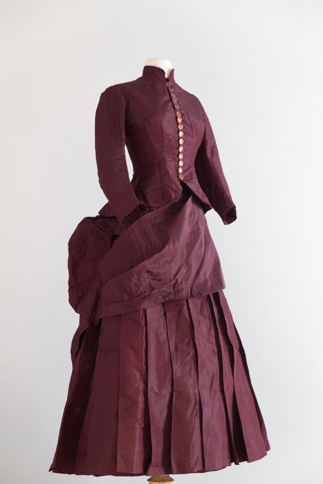 Antique 1880s Bustle Era Two-Piece in Aubergine Silk Taffeta with Celestial Buttons / XS