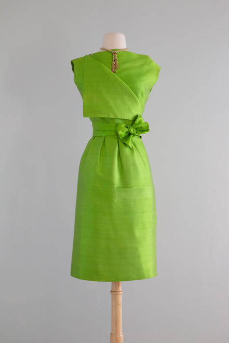 Stunning 1960’s Nina Ricci Parrot Green Silk Wrap Dress and Skirt Made in France / Small