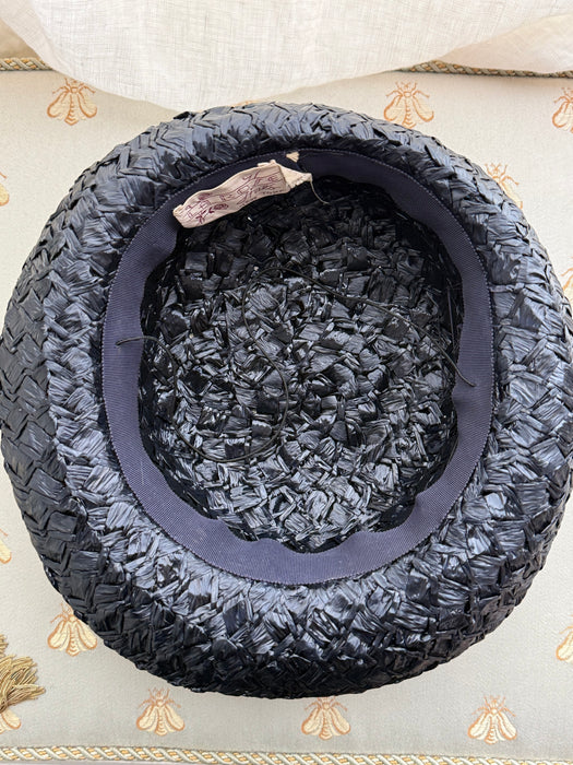 Darling 1950's Navy Blue Woven Straw Hat With White Millenary Flowers By LaRose / SM