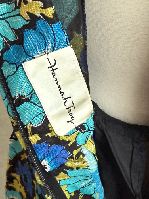 Sophisticated Late 1950's Silk Floral Print Cocktail Dress With Black Sequins By Hannah Troy / M