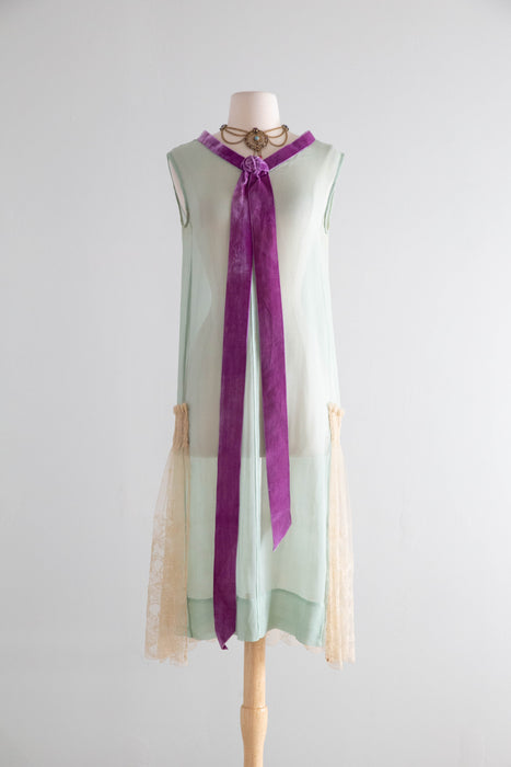 Ethereal 1920’s Aquamarine & Violet Sheer Silk Chiffon Flapper Dress With Embroidered Net