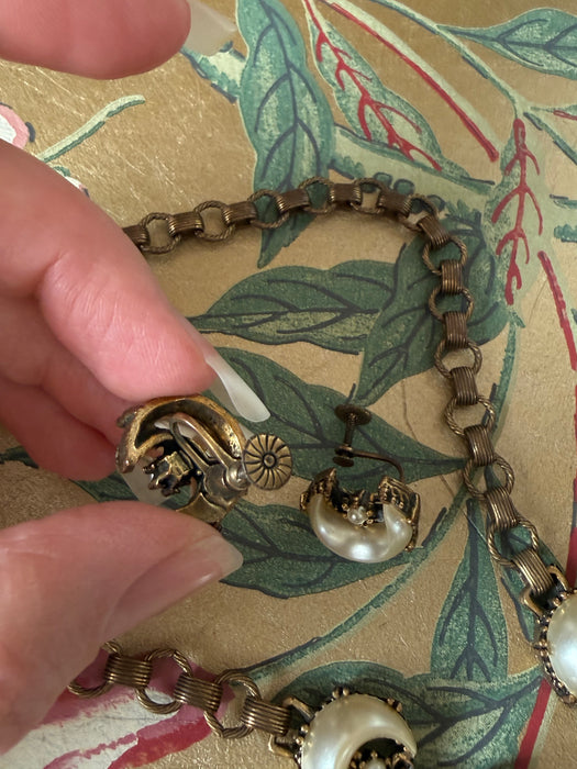 Romantic 1950's Victorian Revival Crescent Moon Pearls Necklace & Earring Set
