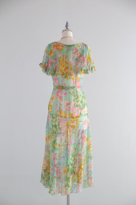Dreamy 1930's Impressionist Floral Print Silk Chiffon Dress / SM