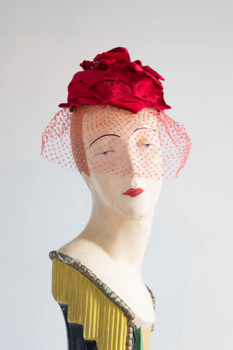 Scrumptious 1950's Red Panne Velvet Rose Bud Cocktail Hat By Mr. Irving