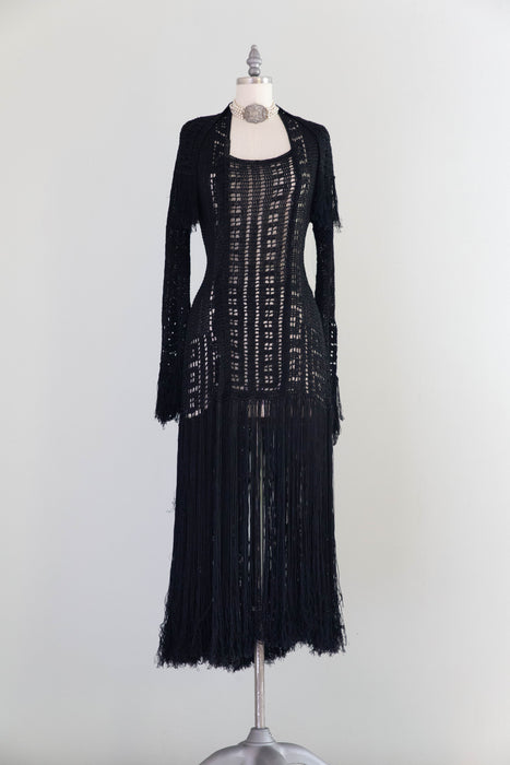 Sinuous 1920’s Black Silk Geometic Crochet Fringed Evening Dress Robe / Small