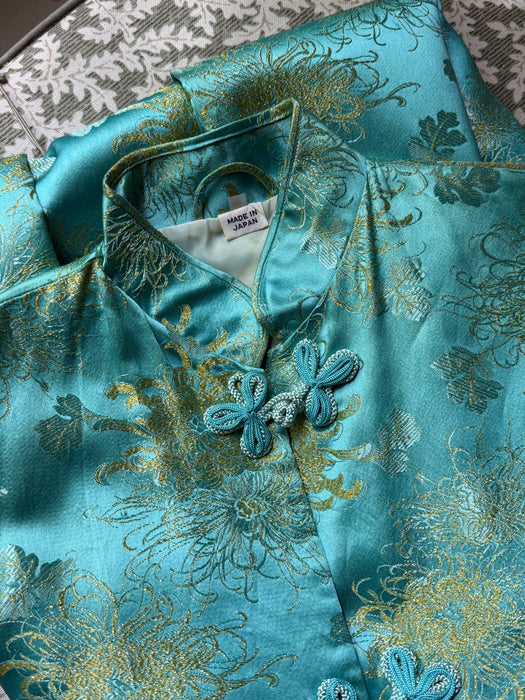 Luxurious Vintage Aqua Silk Brocade Full Length Robe From Japan / M