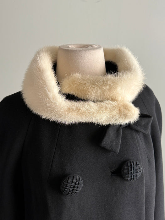 Fabulous 1950's Black Wool Coat With Mink Collar and Bow / ML