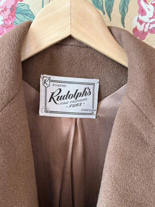 Elegant 1960's Cognac Wool & Camel Hair Coat With Rhinestone Buttons / ML