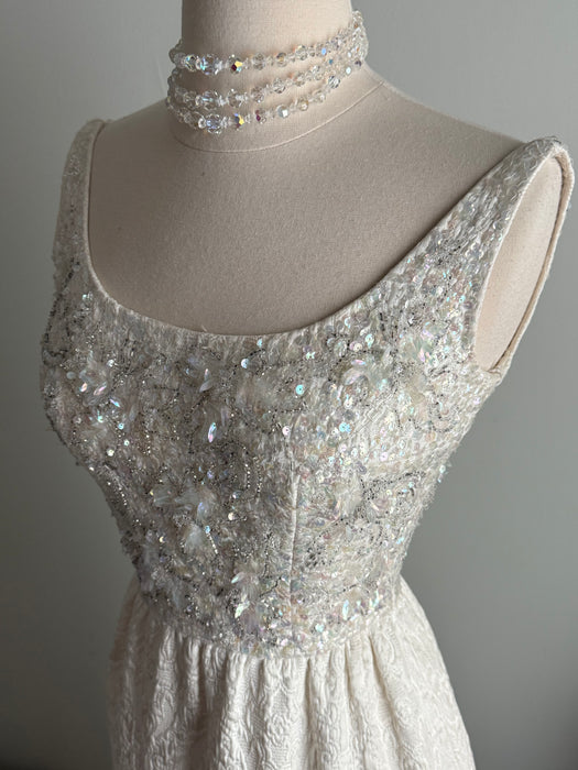 Elegant 1960's Beaded Ivory Brocade Midi Length Evening Dress / S