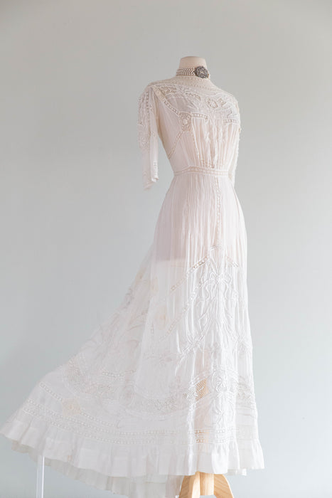 Extraordinary Antique Edwardian Hand Embroidered Wedding Gown / SM