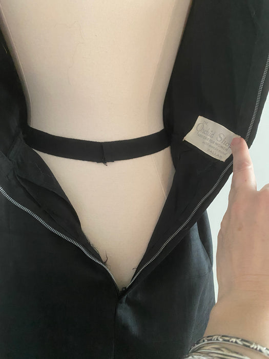Gorgeous 1950's Don Loper Black Silk Hourglass Silhouette Cocktail Dress / SM
