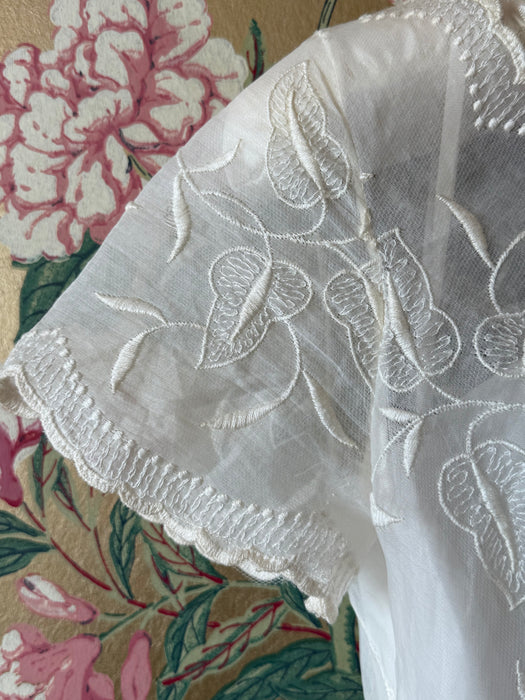 Dreamy 1950's Embroidered Cotton Organdy Tea Length Wedding Dress / S