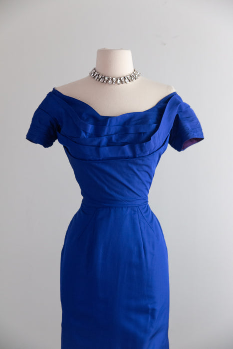 Stunning 1950's Cobalt Blue Sculpted Silk Cocktail Dress with Fan Back / S