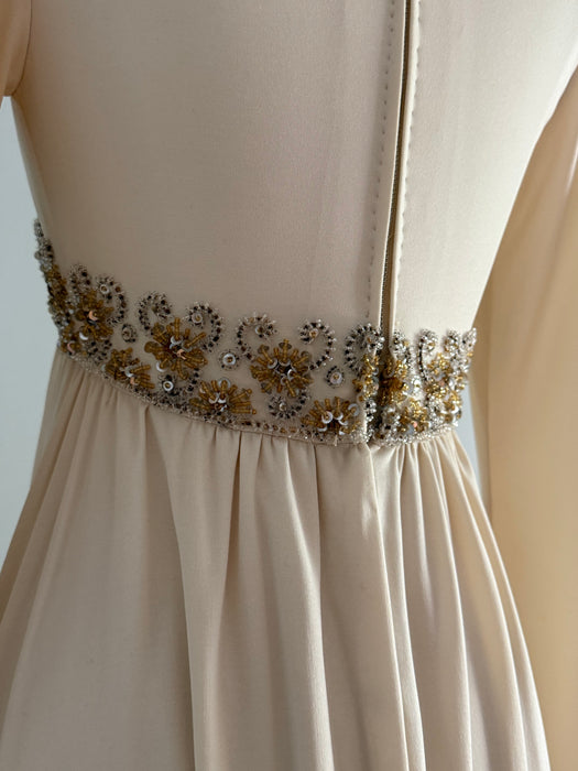 Elegant 1970's Beaded Champagne Jersey Gown By Victoria Royal LTD. // S
