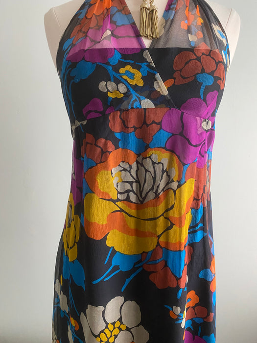 Rare 1970's Givenchy Silk Chiffon Floral Halter Dress Made in France / XS