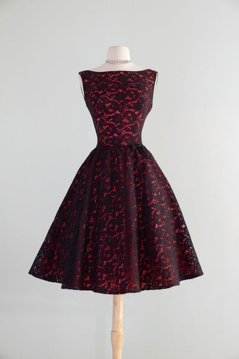 Fabulous Early 1960's Lace Party Dress In Black & Fire Engine Red / Small
