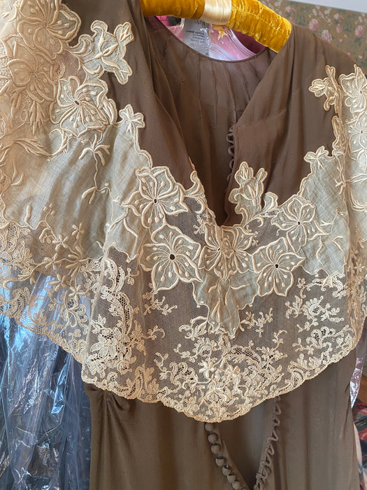 Gorgeous 1920's Bittersweet Cocoa Silk Afternoon Dress With Embroidered Antique Lace / Small