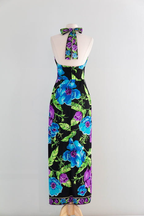 Divine 1970's Mr Dino Halter Neck Deep Tropical Floral Print Maxi Dress / SM