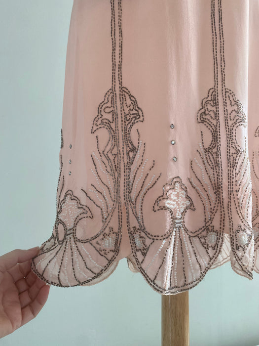 Rare Antique 1920's "Birth OF Venus" Shell Pink Beaded Flapper Dress / M