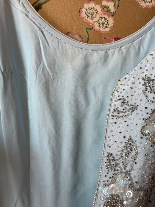 Glamorous Early 1960's Mirror Blue Hand Beaded Evening Dress By Irene Sargent / SM