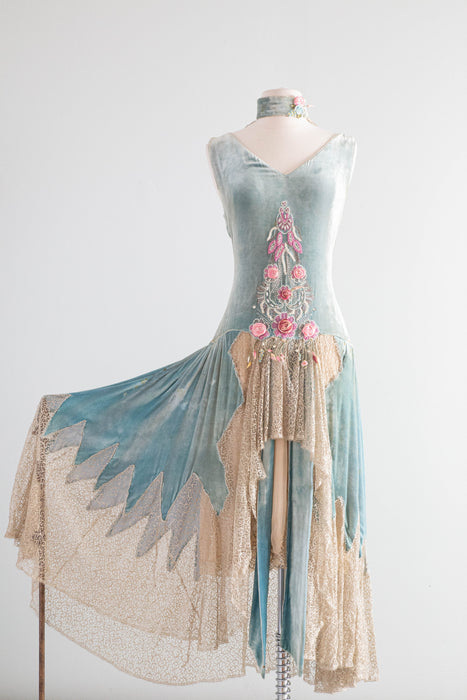 Museum Quality 1920’s Erotic Couture Evening Dress By Sadie Nemser 'Secret Garden' Aquamarine Silk Velvet / Small