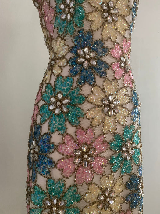 Iconic 1960's Fully Beaded Flower Power Cocktail Dress / Medium