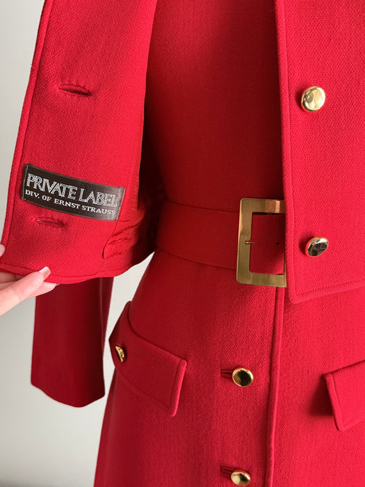 Fabulous Late 1960's Cherry Red Wool Dress & Jacket Set  / M