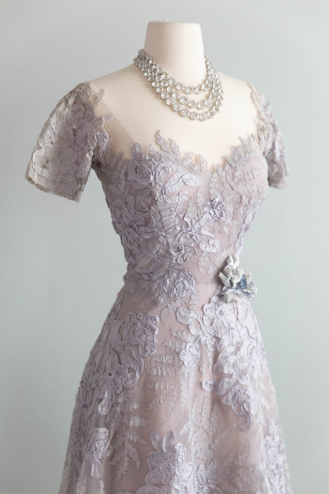 Exquisite and Rare 1950's Philip Hulitar Misty Lilac Illusion Lace Couture Cocktail Dress / S