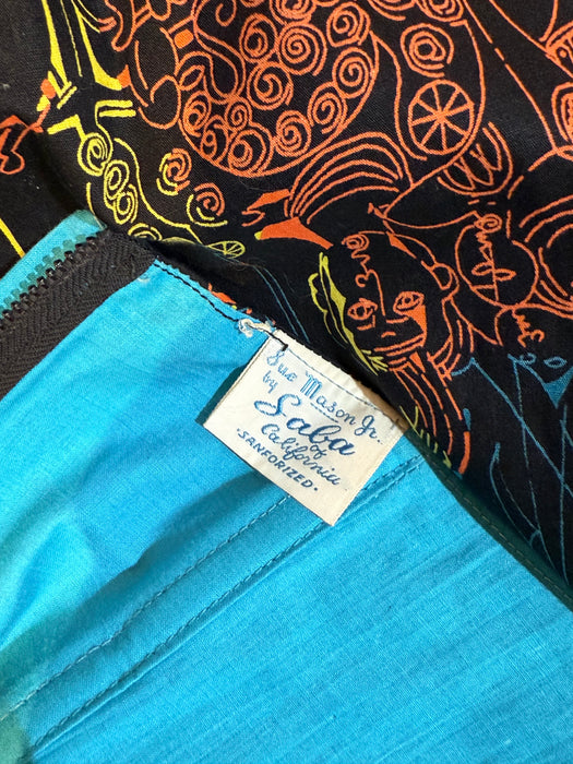 Rare 1950's "ILIAD" Novelty Print Cotton Strapless Sun Dress With Matching Shawl By Saba / SM