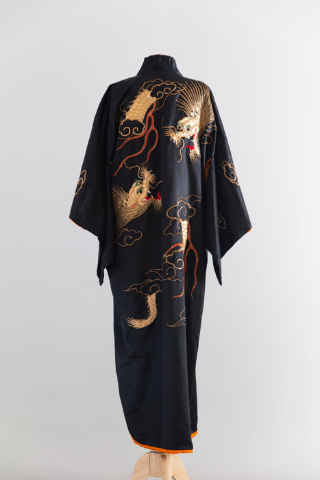 Fabulous Early 20th Century Japanese Export Silk Kimono Robe with Couched Gold Dragons / OS