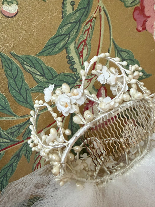 Exquisite 1950's Wax Flower Bridal Crown Veil / OS