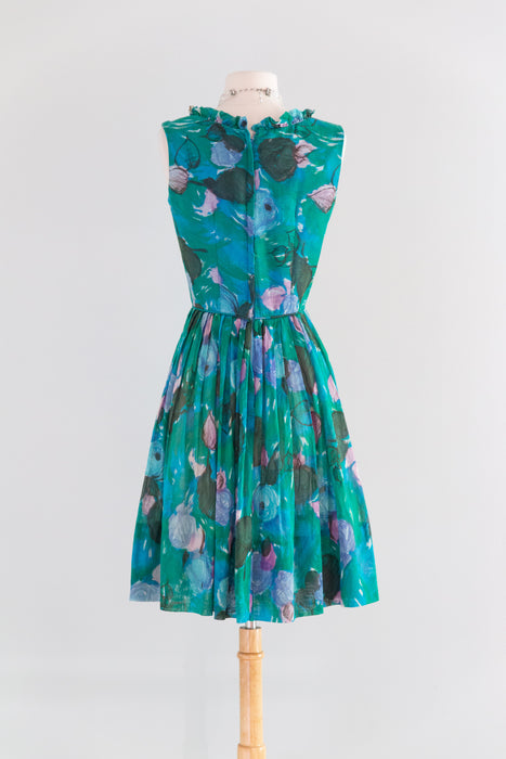 Dreamy Early 60's Teal Blue Impressionist Rose Print Cotton Sundress / S