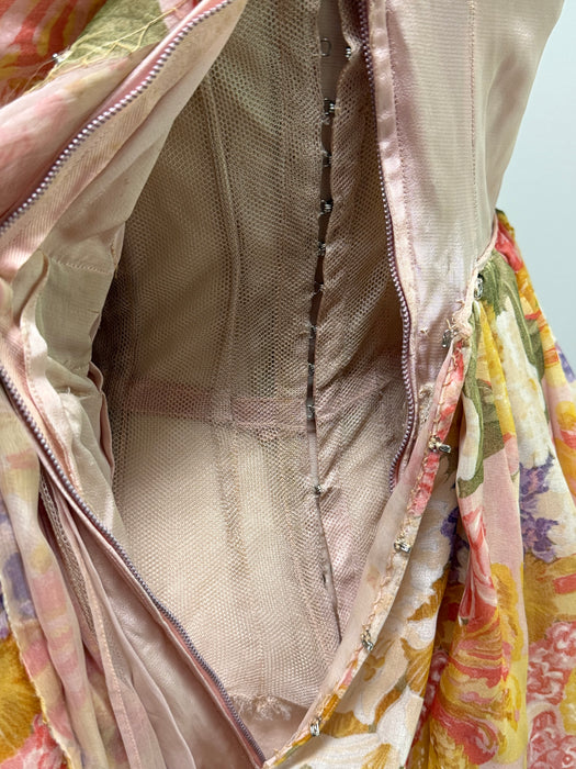 Spectacular 1950's Christian Dior Silk Floral "Nuit De Fete" Evening Gown / XS