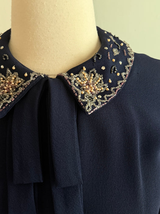 Elegant Early 1950's Navy Blue Rayon Dress With Embellished Pearl Collar & Pockets / SM