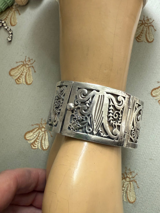 Gorgeous Vintage Wide 1950’s Sterling Silver Bracelet By Talleres De Los Ballestros Mexico