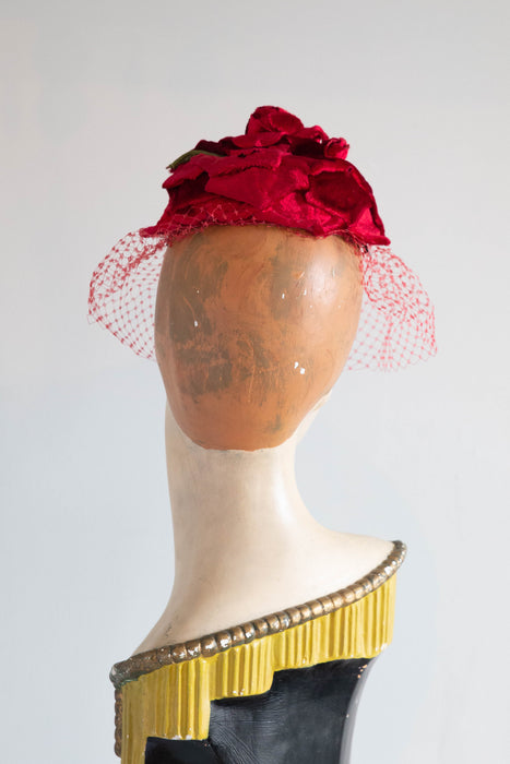 Scrumptious 1950's Red Panne Velvet Rose Bud Cocktail Hat By Mr. Irving