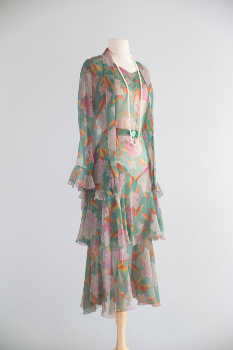 Exquisite Late 1920’s Green Silk Hydrangea Print Dress And Jacket Set / S