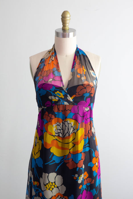 Rare 1970's Givenchy Silk Chiffon Floral Halter Dress Made in France / XS