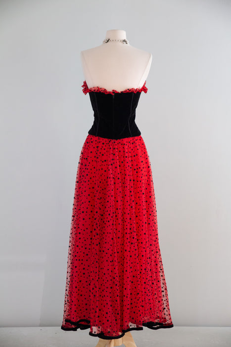 Fabulous Early 80's Caroline Charles London Black Velvet &  Polka Dot Tulle Gown / SM