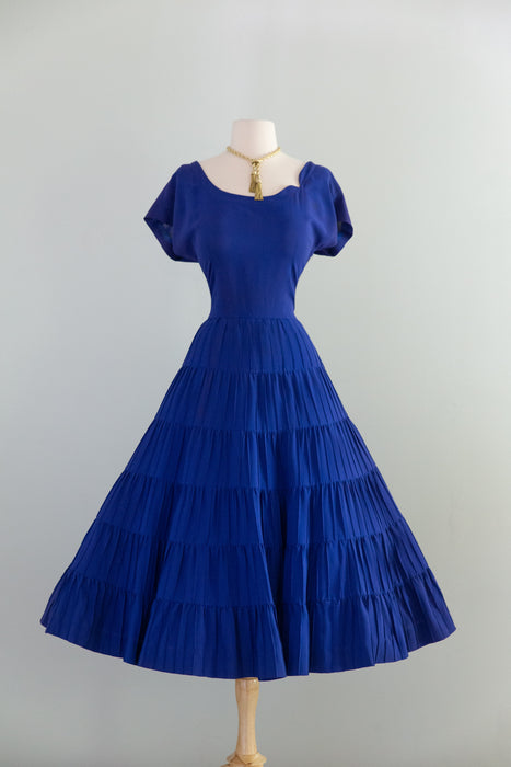 Stunning 1950's Larry Aldrich New Look Starburst Pleated Dress In Yves Klein Blue / M