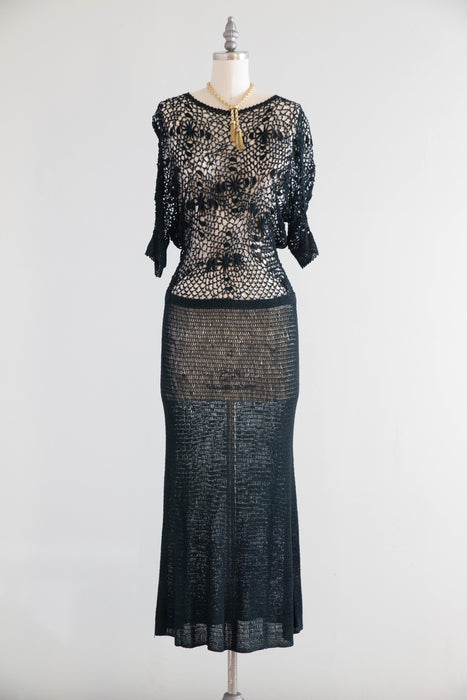 Exquisite 1930’s Hand-Crocheted Forest Green Evening Dress / m