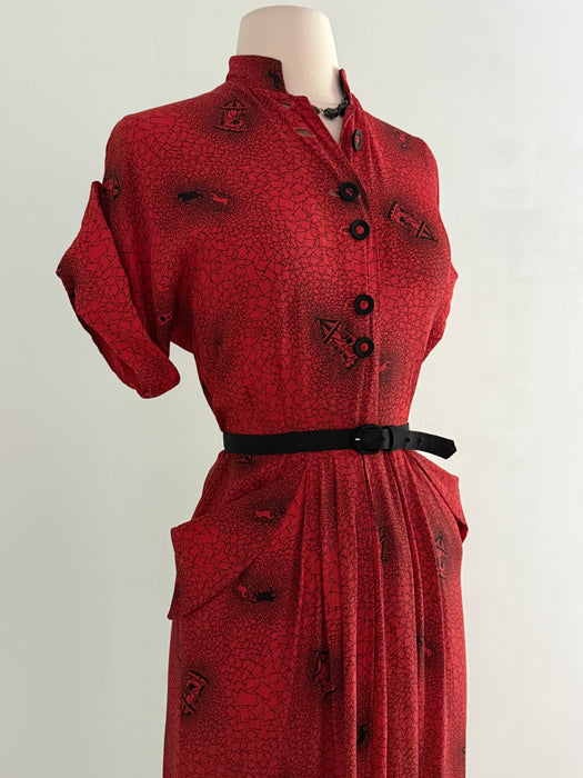 Classic 1940's Cherry Red Cold Rayon Novelty Print Day Dress With Carousels and Horses / M