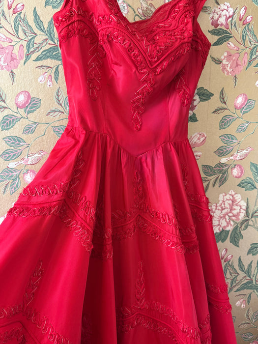 Showstopping 1950's Cherry Red Party Dress with Soutache Embroidery / S