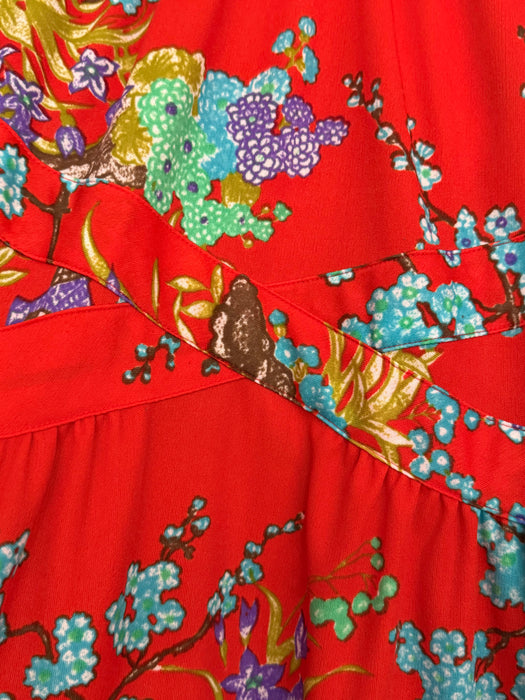 Fabulous 1970's Electric Red Maxi Dress With Asian Inspired Floral Print / SM